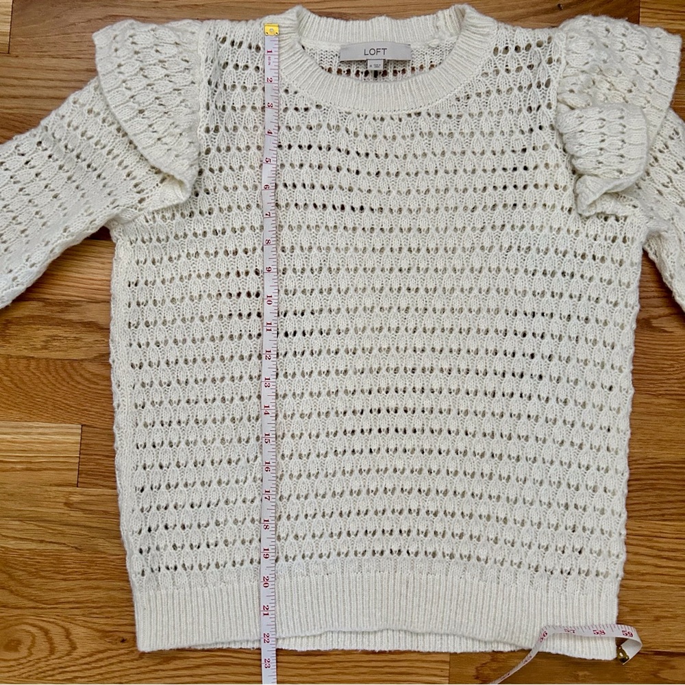 LOFT Cream Ruffle Shoulder Crewneck Knit Pull Over Sweater - Picture 10 of 12